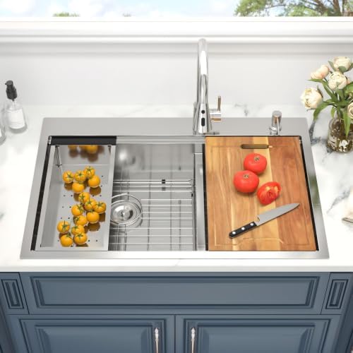 33 Drop In Kitchen Sink Stainless Steel Double Bowl Workstation Low Divide - Image 3