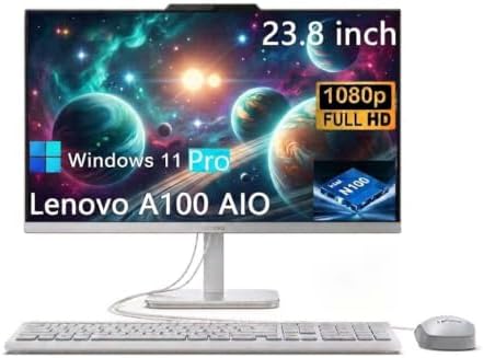 Lenovo A100 All-in-One Desktop Computer, 23.8 Inch IPS FHD Display, Intel N100 Processor, 32 GB RAM, 1 TB SSD, Intel UHD Graphics, Wired Keyboard & Mouse, Windows 11 Pro, White by LENOVO