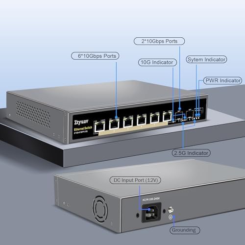 8 Port Unmanaged 10Gbe Ethernet Switch with 6 x 10Gb RJ-45 Ports, 2 x 10Gb SFP+ Ports, Ports Speed Auto-Negotiation-1000M/2.5G/10G, One-Key VLAN, Build in Cooling Fan & Metal Shell, Plug & Play - Image 2