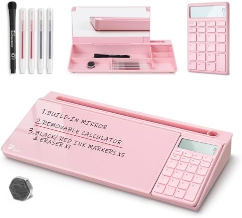 TOWON Glass Desk Whiteboard with Calculator 17x6 in, Desk Organizer, Pink by TOWON