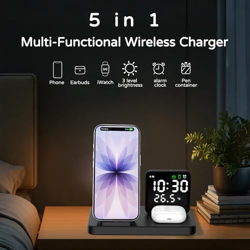 5 in 1 Wireless Charging Station with Alarm Clock Pen Holder, Fast Wireless Charger for iPhone 17/16/15/14/13/12/Pro/Max/Air, for iWatch & AirPods, Charger Stand with Temperature, Snooze Model Black - Image 6