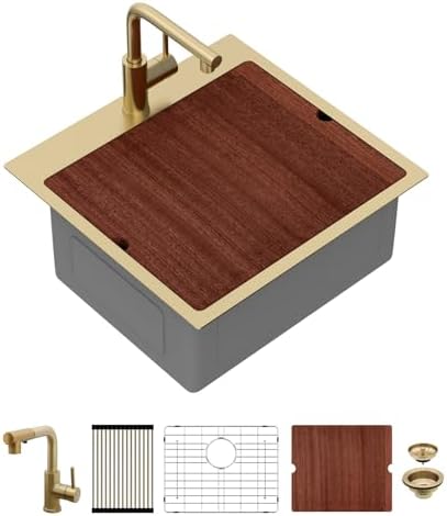 Sarlai 21 Gold Kitchen Sink with Faucet- 21x20 Inch Drop In Kitchen Sink Gold Ledge Workstation Sinks 16 Gauge Stainless Steel Single Bowl Topmount Sinks with Pull-out Faucet by Sarlai