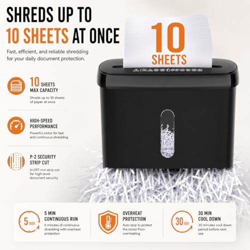 10-Sheet Strip Cut Paper Shredder with Jam Proof System, P-2 Security Level, 5-Minute Continuous Operation, 3.17 Gallon Capacity, Black - Image 4