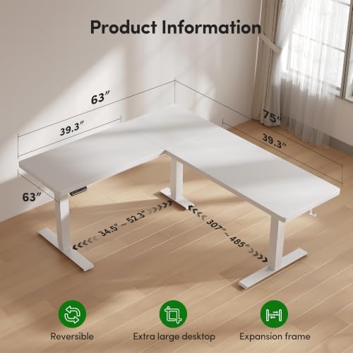 FEZIBO Triple Motors 25mm Tabletop L Shaped Standing Desk, 75" X 63" Electric Standing Gaming Desk Adjustable Height, Corner Stand up Desk with Splice Board, White Frame/White Top - Image 2