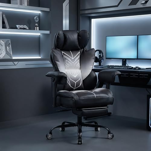 Big and Tall Gaming Office Chair 400lbs - Heavy Duty Ergonomic Computer Desk Chair with Footrest, Adjustable Armrests, High Back PU Leather with Racing Style (Black/White) - Image 2