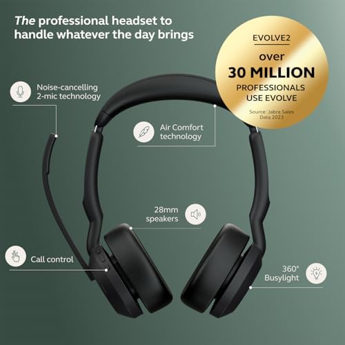 Jabra Evolve2 55 Stereo Wireless Headset - Features AirComfort Technology, Noise-Cancelling Mics & Active Noise Cancellation - Works with UC Platforms Such as Zoom & Google Meet - Black - Image 3