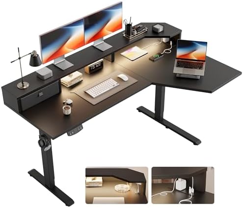 Agilestic 63*35 Inch L Shaped Standing Desk with Shelf & Led& Outlet, Black by Agilestic
