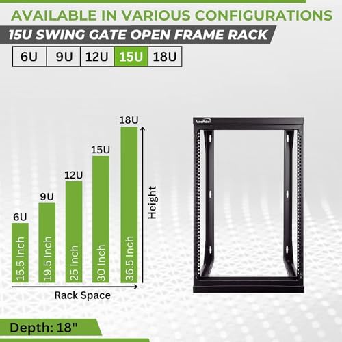 NavePoint 15U Open Frame Server Rack for 19" IT Network Equipment & A/V Devices, Free Standing or Wall Mount Rack with 180 Degrees Gate Swing, Black - Image 3