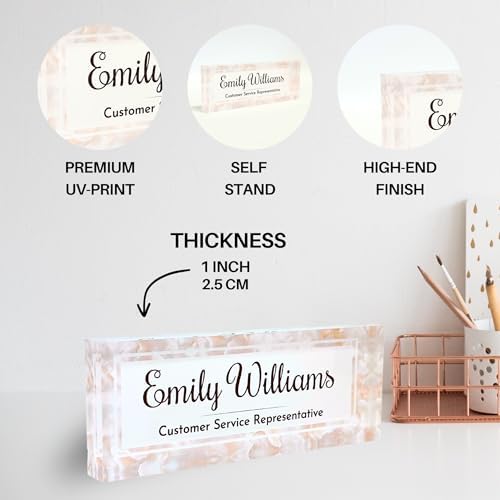 Customized Clear Acrylic Thick 8x3" Desk Name Plate Block with Personalized Logo - Professional Office Decor - Customized Acrylic Plate Gift for Teacher Co-workers (Mother of Pearl) - Image 2
