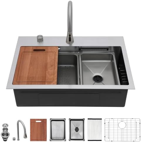 Sarlai 31 Inch Waterfall Kitchen Sink Drop In - 31x20 Waterfall Sink Ledge Workstation Stainless Steel 16 Gauge Multifunction Single Bowl Top Mount Kitchen Basin with Faucet Combo - Image 2