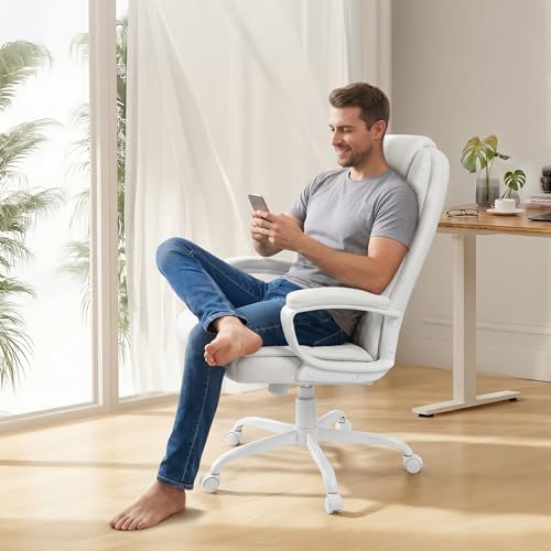 Executive Office Chair, High Back Ergonomic Desk Chair with Lumbar Support, Adjustable Big and Tall Computer Chair, 360° Swivel, PU Leather, White - Image 3