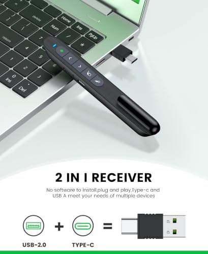 Green Light Wireless Presentation Clicker with Air Mouse, 2.4GHz Rechargeable USB-A/USB-C PowerPoint Clicker Slide Advancer, Presenter for PC, Mac, Computer - Image 4