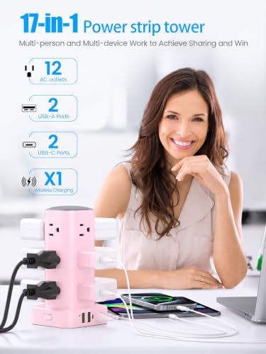 Power Strip Tower with Wireless Charger, Flat Plug Surge Protector Tower with 6FT Extension Cord, 12 AC Multiple Outlets, 4 USB (2 USB C),15W Wireless Charging Power Tower for Home Office Dorm, Pink - Image 6