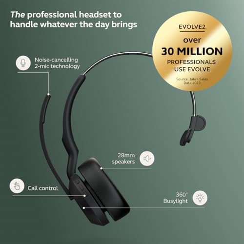 Jabra Evolve2 55 Mono Wireless Headset - Features AirComfort Technology, Noise-Cancelling Mics & Active Noise Cancellation - Works with UC Platforms Such as Zoom & Google Meet - Black - Image 3