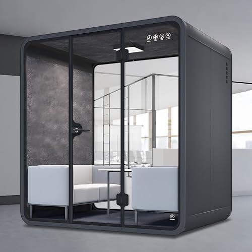 Office Sound Booth with Audio Privacy - Black Office Pod with Curved Corner Design&Small Table,Soundproof Booth Includes Central Lighting,Honeycomb Aluminum Panel,Fans for Negotiation(63IN) by X-Comfot