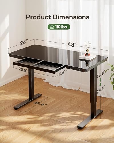 Marsail 48 x 24 inch Glass Standing Desk with Drawer Storage, Matte Black - Image 3