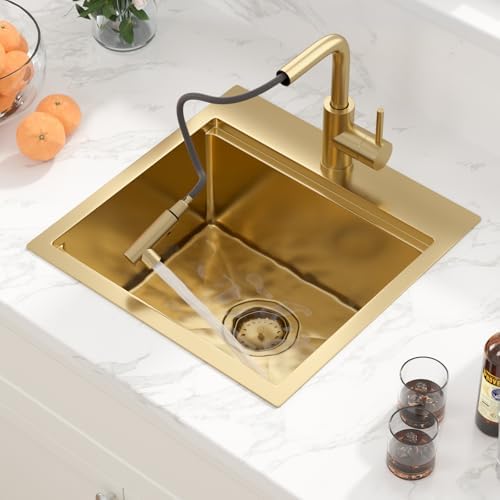Sarlai Drop Bar Sink - 18 Inch Gold Outdoor Kitchen Sink with Pull-out Faucet Gold Drop In Workstation 18 x 18 Topmount Stainless Steel 16 Gauge Single Bowl Bar Prep RV Outdoor Sinks Basin - Image 4