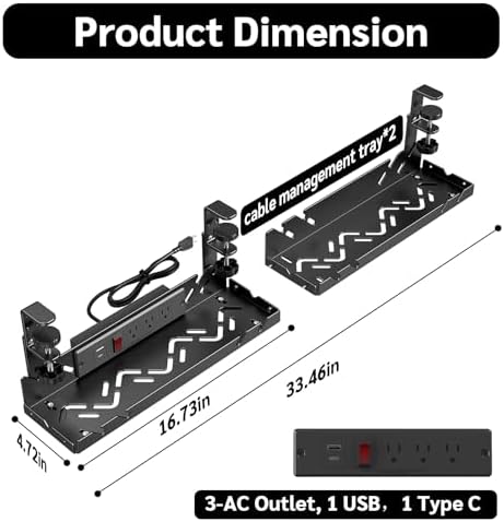 CABTE Under Desk Cable Management Tray with Power Outlet - Image 2