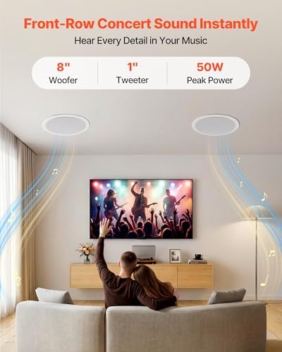 VEVOR Bluetooth Ceiling Speakers, 8", in Ceiling & in-Wall Speaker System with Amplifier, 2-Way Flush Mount Speakers, for Damp Humid Placement, Home Theater, Living Room, or Covered Patio, 1 Pair - Image 2