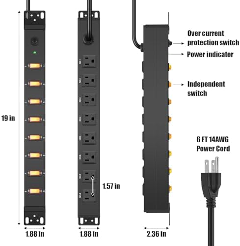 HHSOET 8 Outlet PDU Power Strip, 1U Rack Surge Protection, 15FT, Black, 2 - Image 5
