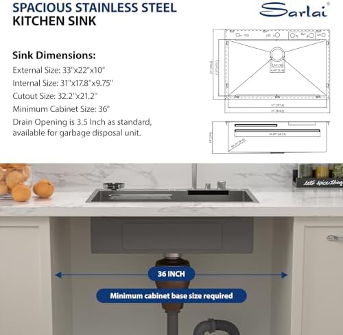 Sarlai 33 Waterfall Kitchen Sink 33"x22" Drop In Workstation Sink Topmount - Image 7