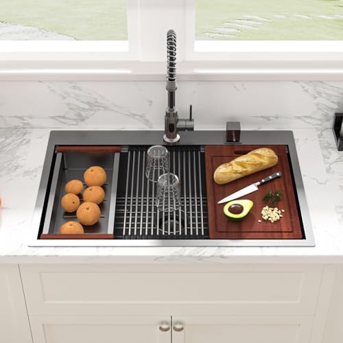 Sarlai 33 Inch Black Drop In Kitchen Sink Workstation - 33x19 Drop In Kitchen Sink Black Stainless Steel Topmount Workstation Sink 16 Gauge Deep Single Bowl Top-mount Kitchen Sink - Image 2