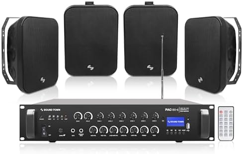 Sound Town Commercial Restaurant Bluetooth Amplifier + Surface-Mount Speaker Set, with One 6-Zone 70V/100V Amplifier with Bluetooth, 4 x 6.5-Inch Surface-Mount Speakers, Black (PAC180X4MS6B) by SOUNDTOWN