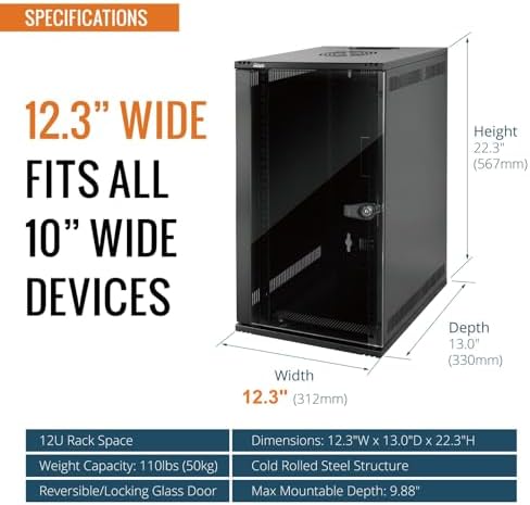 Tecmojo 12U 10 inch Rack, Wall Mount Network Cabinet Set,12.3W x 13D x 22.3H- Load Capacity 110Lbs(50 kg),Black 10" Wall Housing Server Rack Set - Image 2