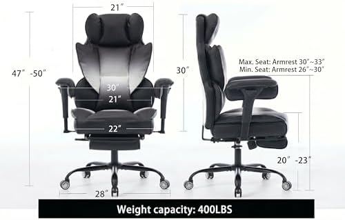 Big and Tall Gaming Office Chair 400lbs - Heavy Duty Ergonomic Computer Desk Chair with Footrest, Adjustable Armrests, High Back PU Leather with Racing Style (Black/White) - Image 3