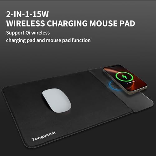 15W Wireless Charging Mouse Pad, 2 in 1 Desk Pad with Non-Slip Rubber Base, Fast Qi Wireless Charger for iPhone/Computers/Home Charging Devices, 12.8 * 8.5in Mouse Pad - Black - Image 2