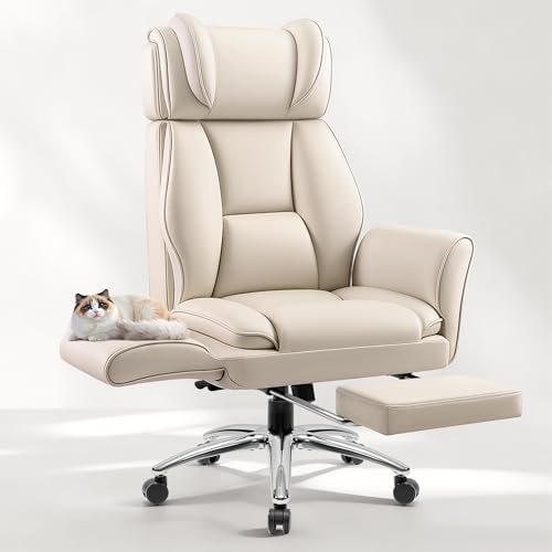 Big and Tall Office Chair, Flip Armrests for Pets & Cross Legged Sitting, Ergonomic Leather Executive Desk Chair with Foot Rest, High-Back Reclining Computer Chairs for Home Office Gaming, Beige by Fidom