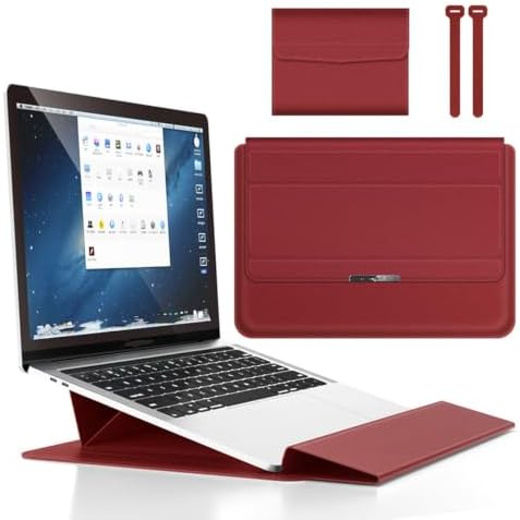 4 in 1 Ergonomic Workstation Set - Foldable Laptop Sleeve and Stand, Premium Leather Portable Computer Riser for 11-17 Inch Laptops, Waterproof Travel Organizer with Cooling Design (Red,13-14") by Krisuary