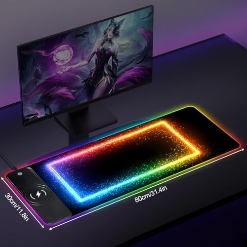 Wireless Charging RGB Gaming Mouse Pad, 31.5 x 11.8 Inch Extended Mouse Mat with Rainbow LED Edge Design, Desk Pad with 7 Lighting Modes, Non-Slip Base for Gaming & Office - Image 2