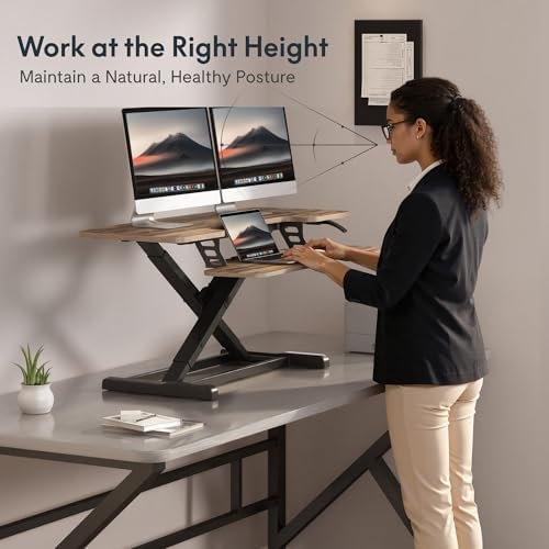 FLEXISPOT Standing Desk Converter 42" Extra Large Desk Riser, Spacious Desktop Riser Sit Stand Computer Workstation with Wide Keyboard Tray, Ergonomic Height Adjustable Stand Up Desk Converter, Rustic Brown - Image 4