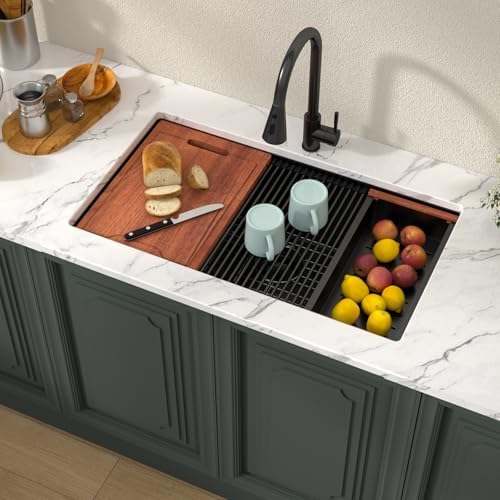 Lordear Matte Black Kitchen Sink 30 Inch Undermount Ledge Workstation T304 16 Gauge Stainless Steel Single Bowl Under Counter Basin with Built-in Accessories 30x19x10 Inch - Image 2