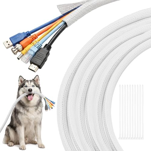 Delamu 30ft - 1/2 inch Cable Sleeve Cord Protector from Pets No Chew, Split-Braided PVC Wire Loom Tubing for Desk Computer USB TV Cord Organizer, Easy Set-up Cable Management Sleeve Kit, White by DELAMU