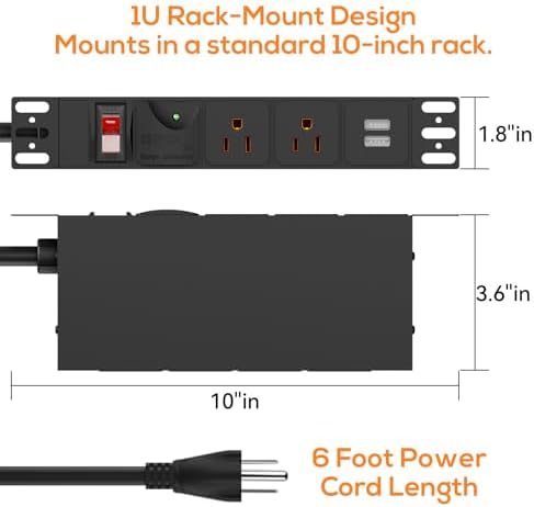 10 inch Rack PDU, 1U 6 Outlets(2 in Front, 4 in Back) Surge Protected,14AWG - Image 5