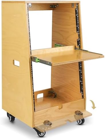 Sound Town DIY Slanted 16U Studio Rack (8U Top + 8U Lower), with 2U Bottom Storage, Slide-Out Tray, Caster, Plywood, Golden Oak for Recording Room, Home Studio (SDRK-ST16T) - Image 4
