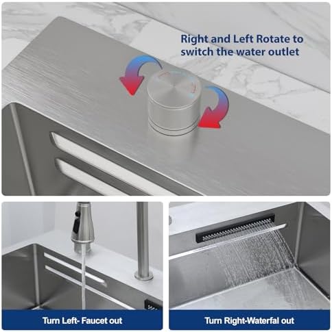 Sarlai 31 Inch Waterfall Kitchen Sink Drop In - 31x20 Waterfall Sink Ledge Workstation Stainless Steel 16 Gauge Multifunction Single Bowl Top Mount Kitchen Basin with Faucet Combo - Image 5