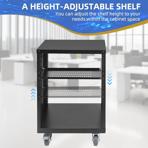 12U Rack with Caster Wheels, Heavy-Duty AV Rack with Adjustable Steel Shelf, Open Frame Server Rack for IT, AV, Data & Computer Equipment, 500lb Capacity, 19.7" W x 17.7" D x 26.8" H - Image 2