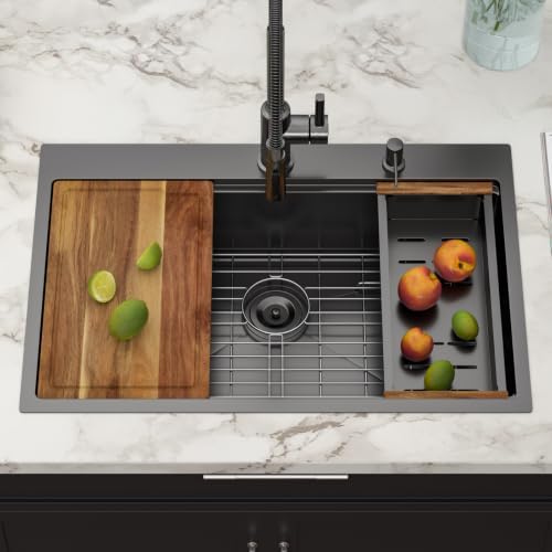 33x22 Black Drop In Kitchen Sink Workstation with Accessories - Image 3