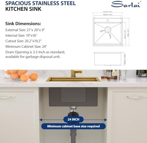 Sarlai 21 Gold Kitchen Sink with Faucet- 21x20 Inch Drop In Kitchen Sink Gold Ledge Workstation Sinks 16 Gauge Stainless Steel Single Bowl Topmount Sinks with Pull-out Faucet - Image 6