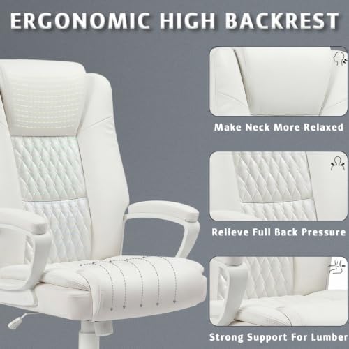 LEMBERI High Back PU Leather Executive Office Chair, Adjustable Swivel Computer Desk Chair with Padded Armrests for Home Office, White - Image 4