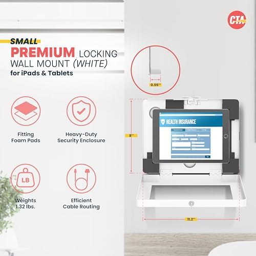 Locking iPad Wall Mount - CTA Anti-Theft Small Locking Tablet Enclosure w/ Key Lock & Interior Cable Routing for iPad Mini 1, 2, 3, 4, 5, 6, Samsung Tab A 8″, Lenovo Tab E8 - White- (PAD-PSWW) - Image 2
