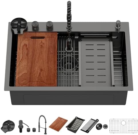 Lordear 33 Drop In Kitchen Sink with Faucet 33x22 Inch Black Waterfall Kitchen Sinks Topmount Stainless Steel 16 Gauge Single Bowl Workstation Kitchen Sink With Faucet Combo by LORDEAR