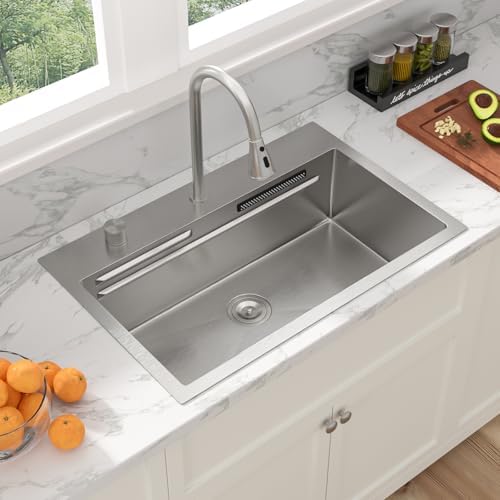 Sarlai 31 Inch Waterfall Kitchen Sink Drop In - 31x20 Waterfall Sink Ledge Workstation Stainless Steel 16 Gauge Multifunction Single Bowl Top Mount Kitchen Basin with Faucet Combo - Image 4