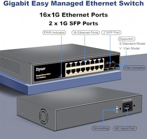 18-Port Full Gigabit Smart Managed Ethernet Switch-16 RJ45 Ports & 2 SFP Ports, Web & APP Managed, VLAN/QoS/IGMP/LAG/TELNET/CLI Supported, Home Office Network Hub, Metal Plug & Play - Image 2