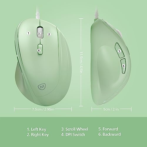 Micropack Ergonomic Mouse Wired for Laptop, PC Computer and Desktop, Ergo Mouse Vertical with Silent Clicks, Up to 3200 DPI Adjustable Mouse Sensitivity, Green - Image 3