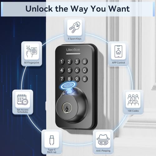 Ulecoce U68 Fingerprint Keypad Deadbolt with Knob Set, Matte Black - Image 2