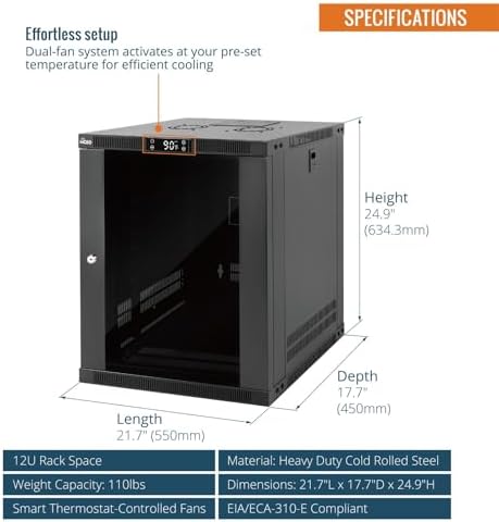 Tecmojo 12U Wall Mount Rack with Thermostat, 17.7inch Depth Enclosed Server Cabinet with 2 Cooling Fans,Lockable Door & Hardware,12U Rack for 19inch Equipments,Glass Door - Image 2